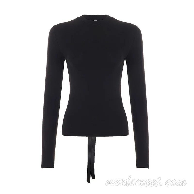 Top met lange mouwen, vetersluiting, open details en zelfstrikkende details, effen kleur.