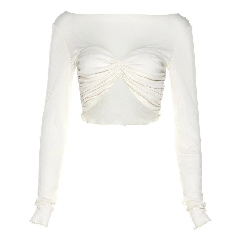 Lange mouwen, effen gerimpelde ronde hals en ruches crop top y2k 90s Revival Techno Fashion