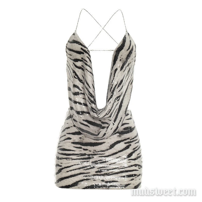 Goth zebra print cowl neck mini skirt set