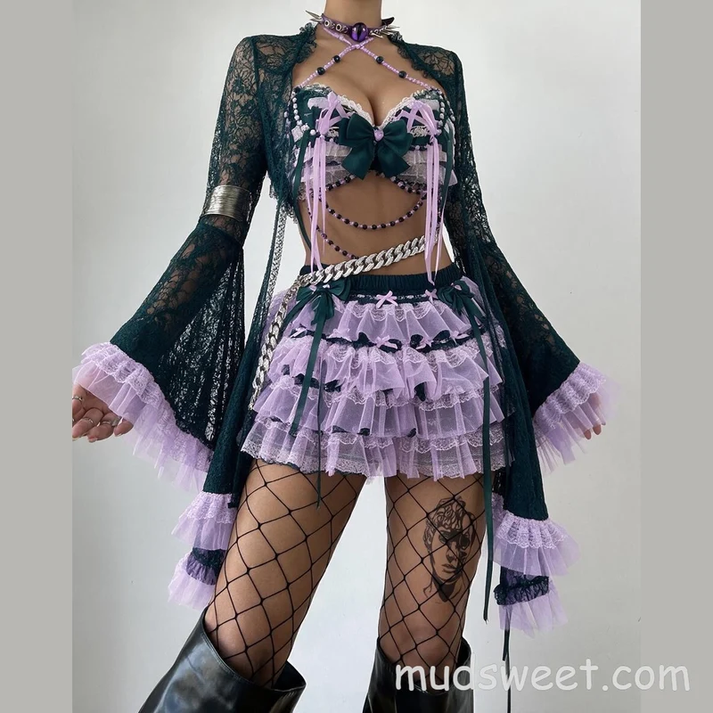 Fairycore mini-jurk met strik, ruches en kant in hartvorm