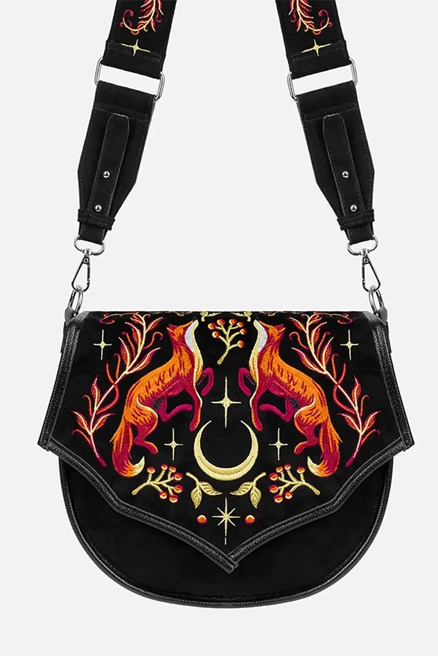 Foxfire Nights Black Faux Suede Shoulder Bag with Fox Embroidery & Forest Details