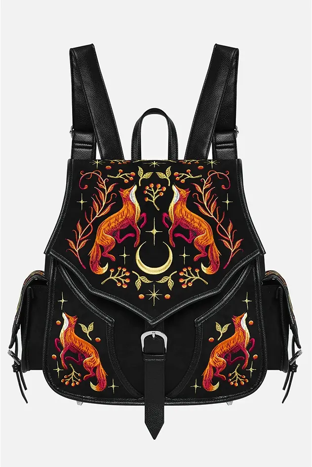 Mystike Fox Backpack - Large Black Faux Suede Bag with Fox Embroidery & Moon Accents