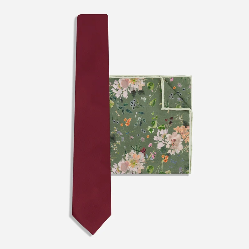 Grosgrain Burgundy Tie & Kelly Ventura Peony Garden Sage Green Pocket Square Set