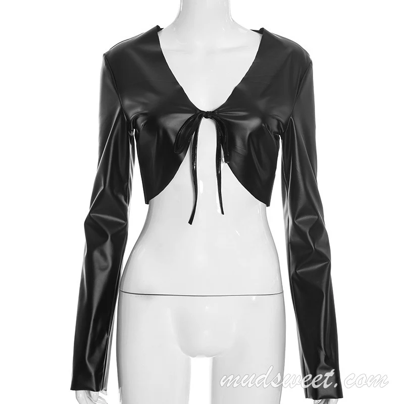 Crop top met lange mouwen van PU-leer, effen kleur, met strikceintuur en V-hals