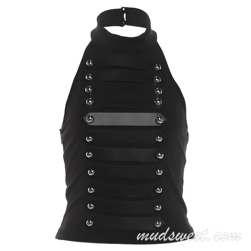 High neck sleeveless rivet buckle solid top