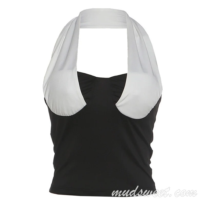 Halter sleeveless patchwork low cut tank top