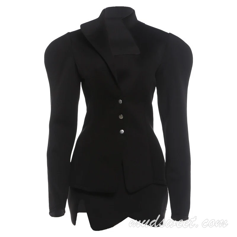 Rokje met lange mouwen, effen kleur, knoopsluiting, schoudervulling, omgeslagen kraag, minirok