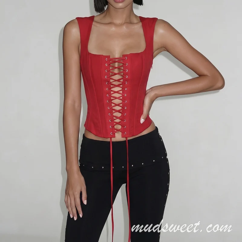 Square neck lace up sleeveless solid corset tank top