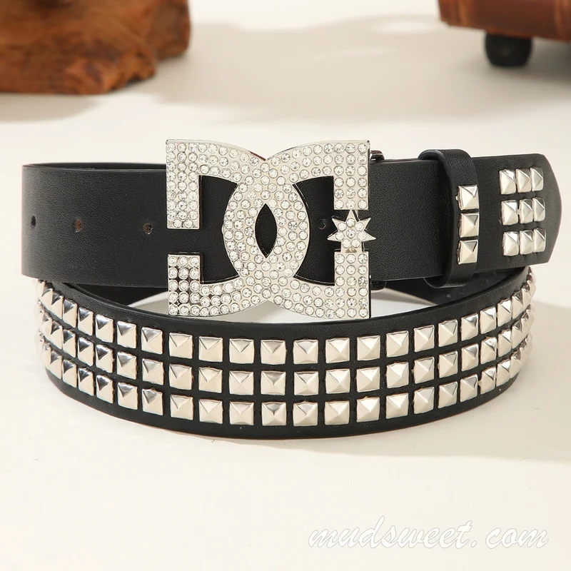 Rivet rhinestone star buckle solid belt