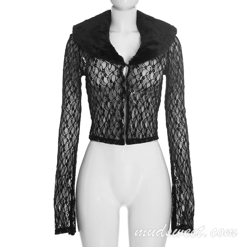Kanten top met lange mouwen, knoopsluiting en effen kleur met veren