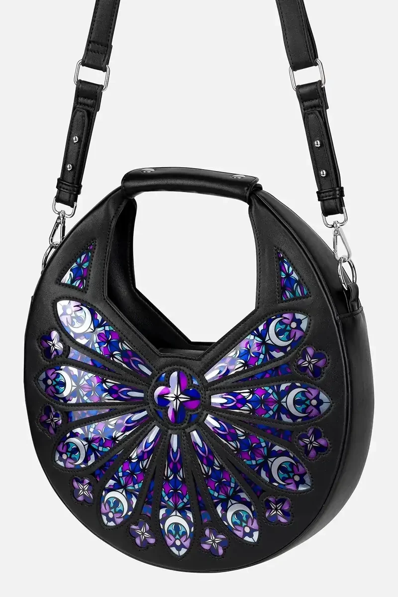 Gothic Sacred Rose Shoulder Bag with Stained Glass Effect – Unique Handbag for Alternative Styles