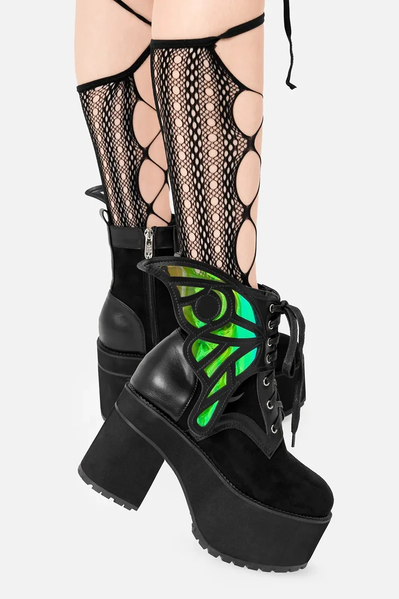 Nocturne Winged Boots With Detachable 3D Moth Wings And Holographic Effect - Gothic Style