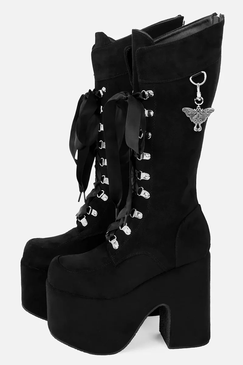 Night Wanderer Black Faux Suede Platform Boots with Satin Ribbons & Detachable Moth Charms
