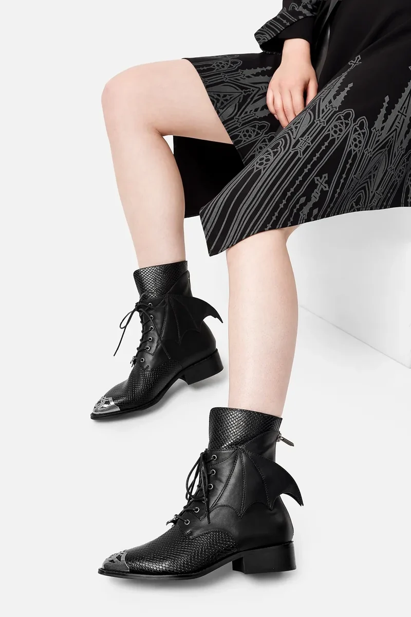 Shadow Wing Pikes – Gothic Ankle Boots With 3D Bat Wings & Antique Silver Metal Toe Cap