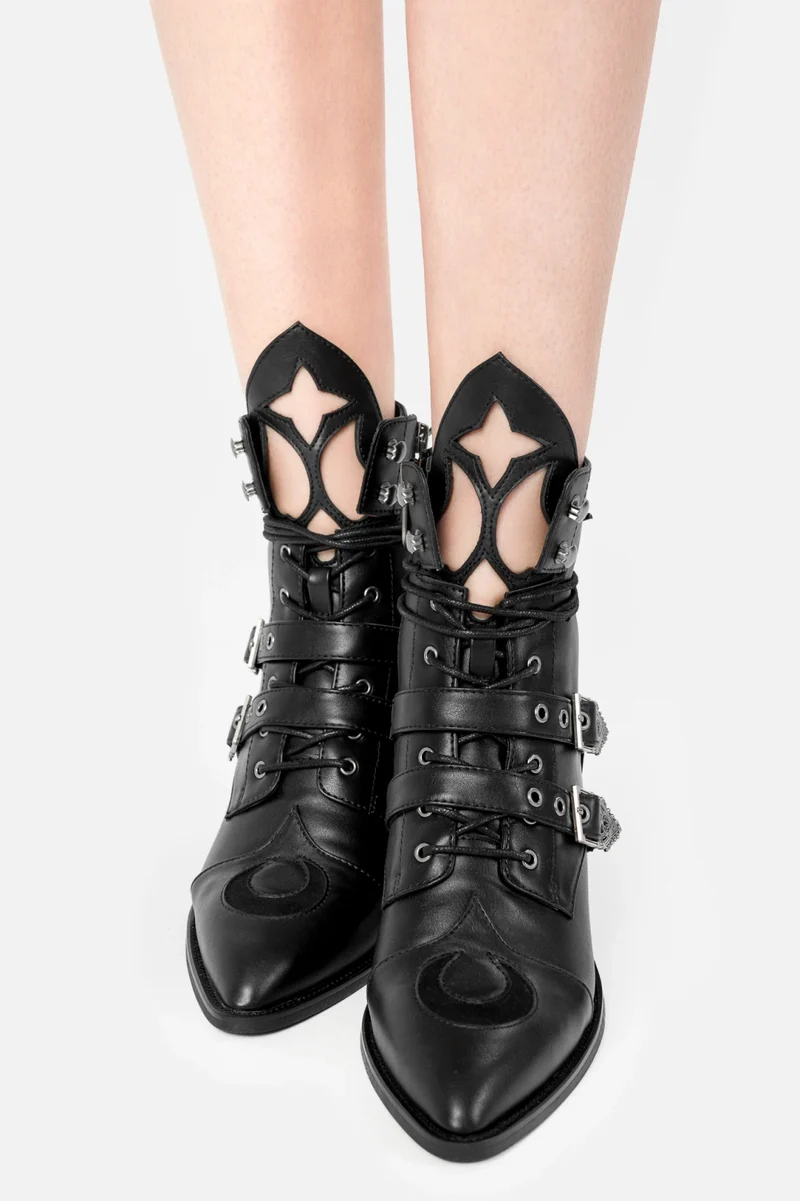 Moonstruck Gothic Ankle Boots with Cathedral Cut-Outs & Spire Buckle Straps - Vegan PU Leather