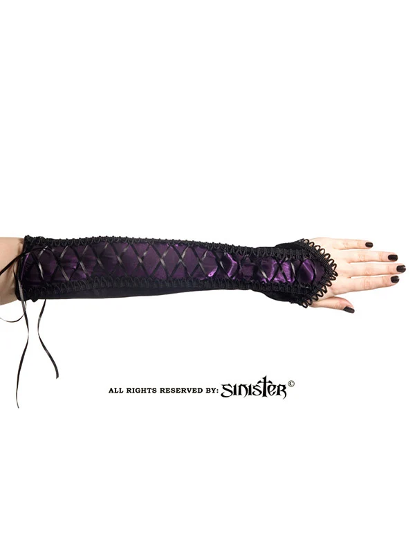 Sinister Clothing Velvet Long Gloves with Brocade and Ribbon Laces - Purple Pair