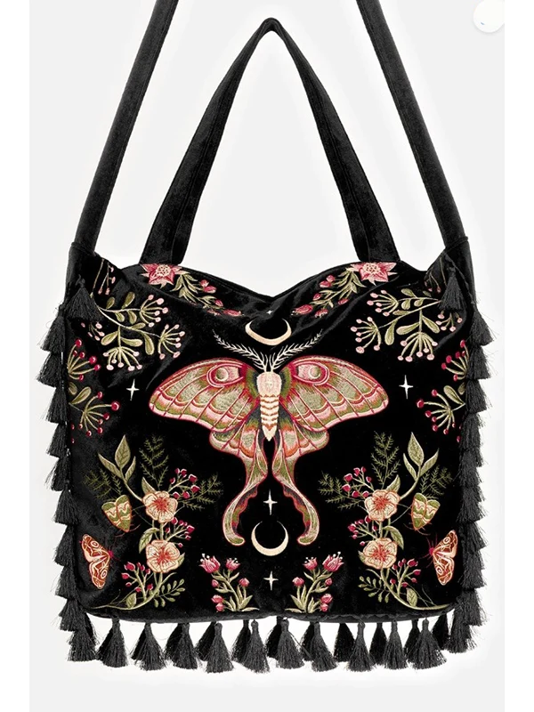 Wilderwood Luxe Velvet Bag with Embroidery & Tassels - 3 Zipper Pockets, 40x7x41 cm