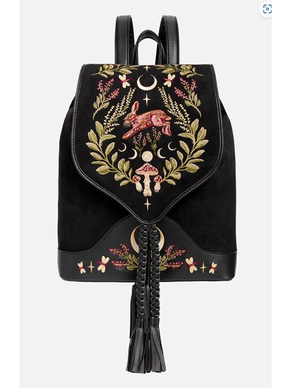 Hare Moon Backpack with Botanical Embroidery, Vegan Leather, Adjustable Straps, 32x11x34 cm