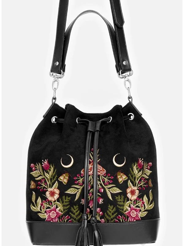 Wildflower Floral Embroidered Bag with Adjustable Straps, Vegan Materials & Drawstring Closure