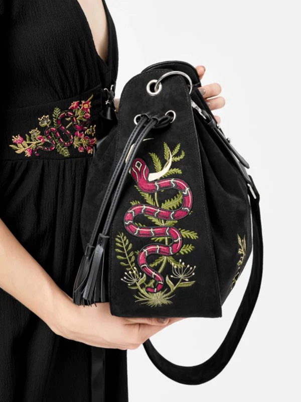 Vegan Shoulder Bag With Intricate Embroidery, Adjustable Strap & Inner Zip Pocket