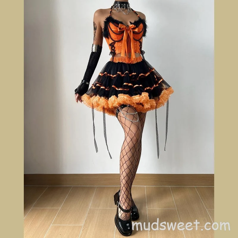 Fairycore mini-jurk met veren strik, ruches en kant