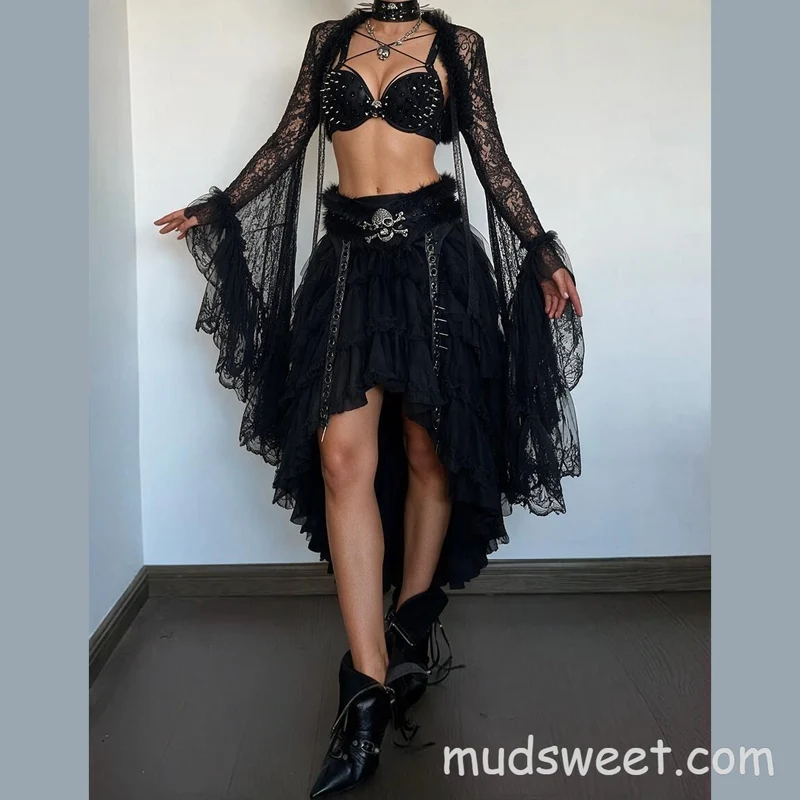 Fairycore midi rok set met doodskopmotief, kant en ruches
