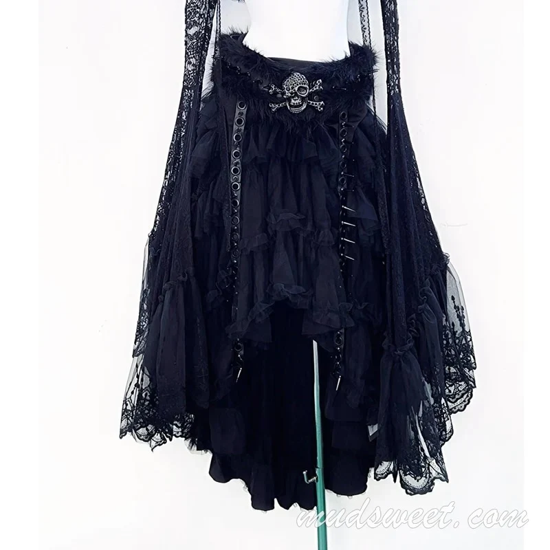 Fairycore midi rok set met doodskopmotief, kant en ruches