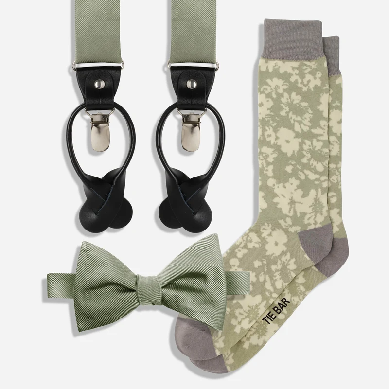 Sage Green Grosgrain Bow Tie & Suspender Wedding Set