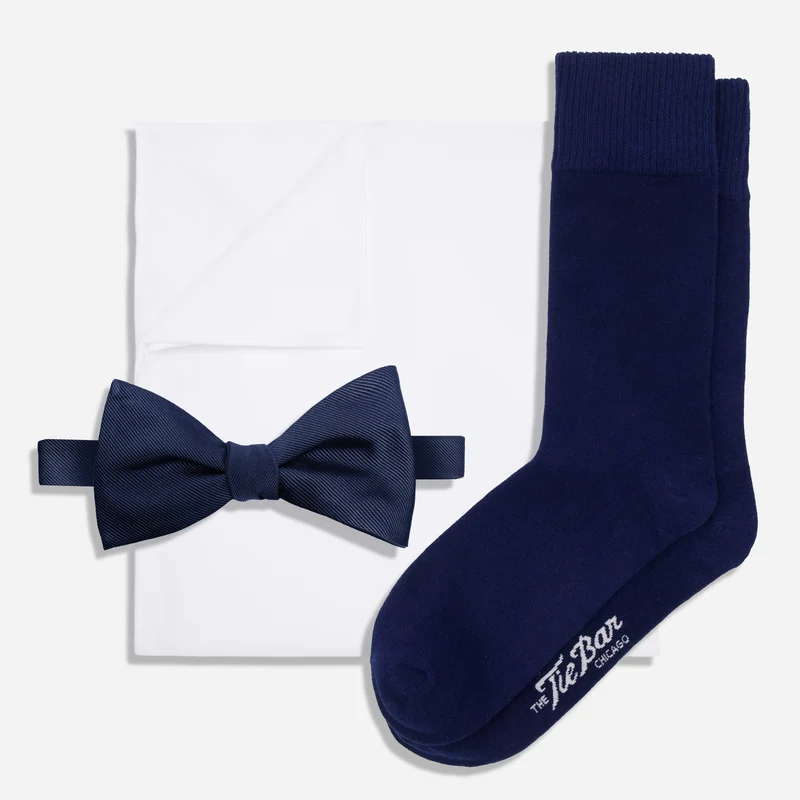 Grosgrain Solid Navy Bow Tie & White Cotton Pocket Square Set