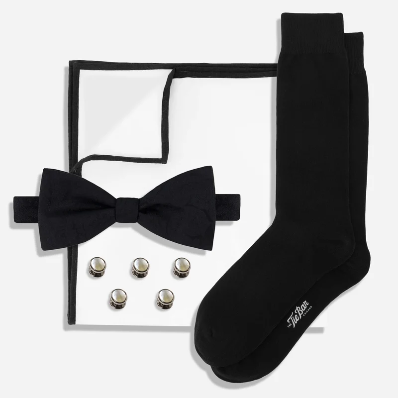 Designer Paisley Black Bow Tie & Mother of Pearl Stud Set