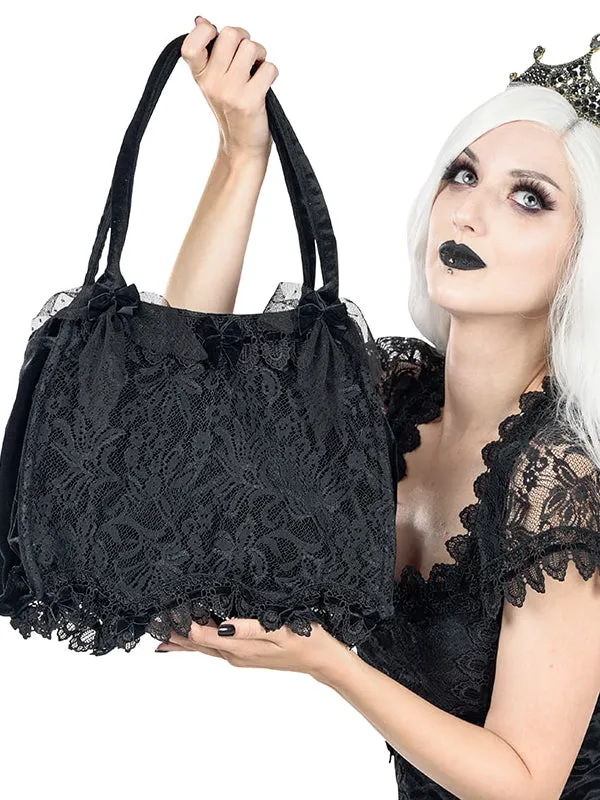 Elegant Black Velvet Handbag with Sicilian Lace Overlay and Brocade Ribbon Details
