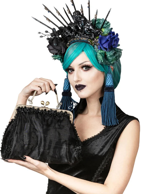 Elegant Velvet Evening Bag with Venetian Lace and Satin Floral Accents