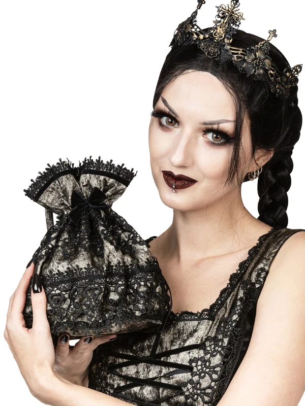 Baroness Tas - Medieval Handbag In Antique Green Taffeta With Velvet Bow And Brocade Lace