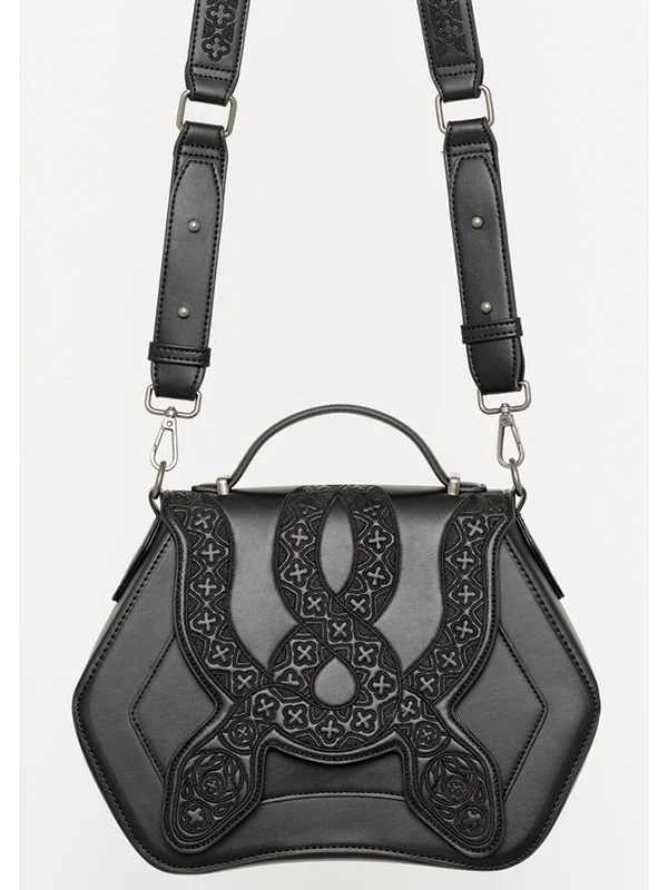 Cathedral Snake Embroidered Vegan PU Leather Handbag with Adjustable Strap and Organiser Pockets