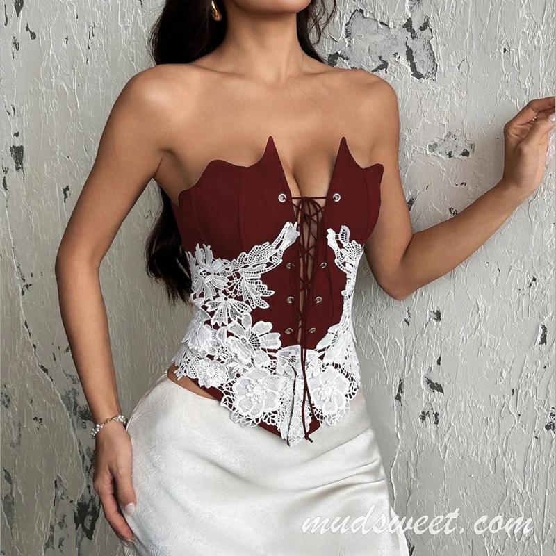 Corset met vetersluiting, kanten bloemenpatchwork, tube top