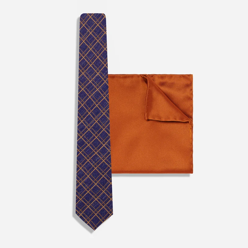 Bari Grid Navy Tie Set