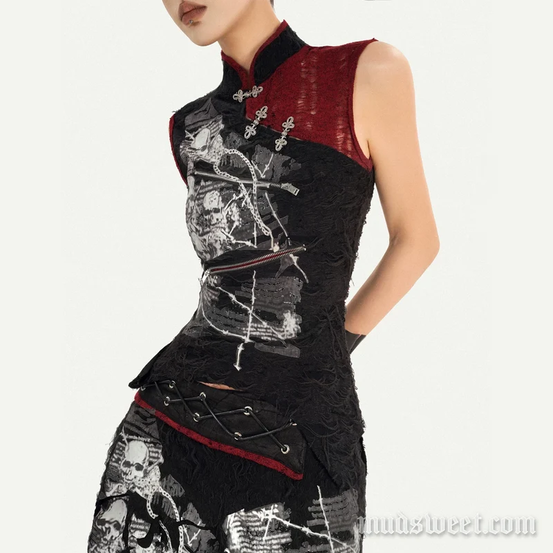 Mouwloze top met gothic doodskopmotief