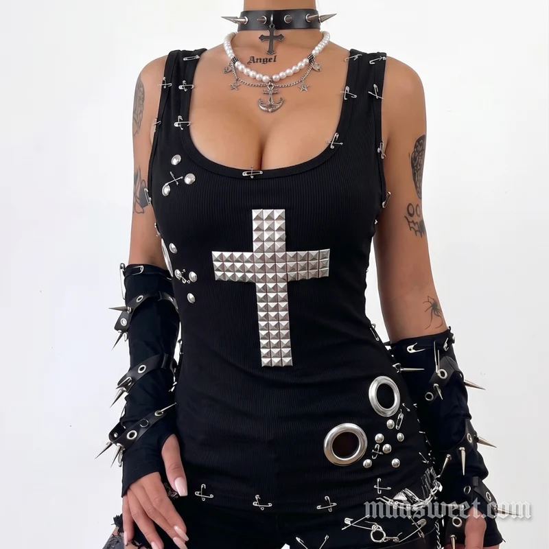 Goth tanktop met open ribbels