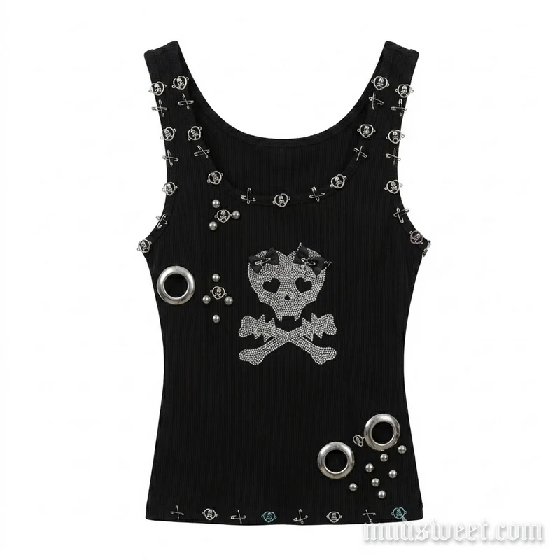 Goth tanktop met ribbels en doodskopmotief en open details