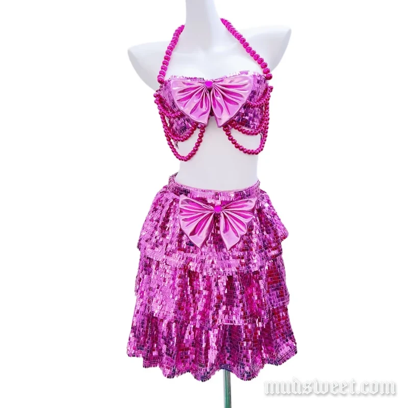 Fairycore minirokje met strikjes en glitter, versierd met kralen en set