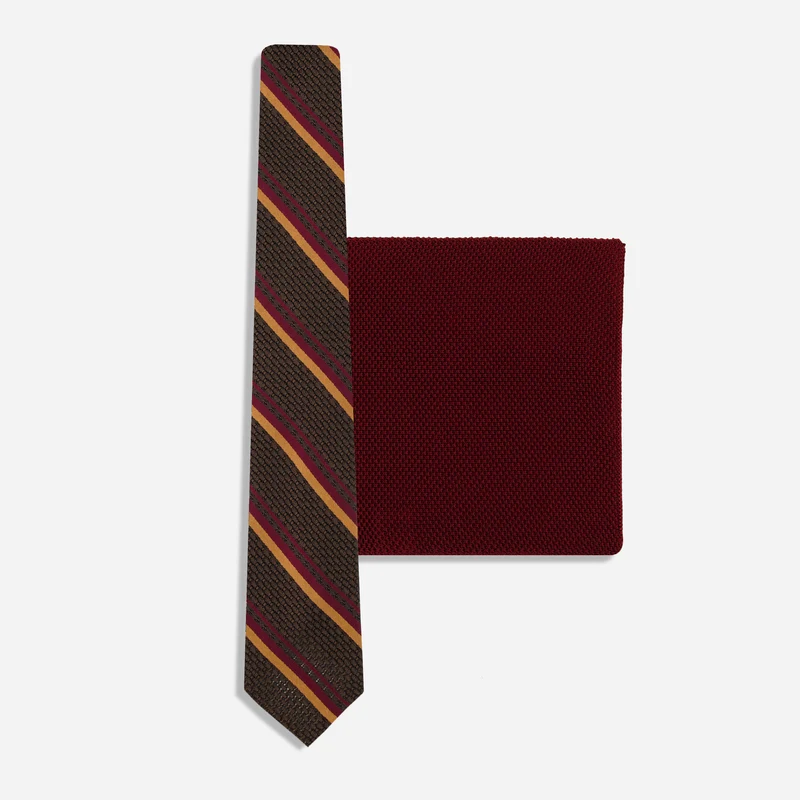 Chocolate Brown Stripe Grenadine Tie & Burgundy Solid Knit Pocket Square Set