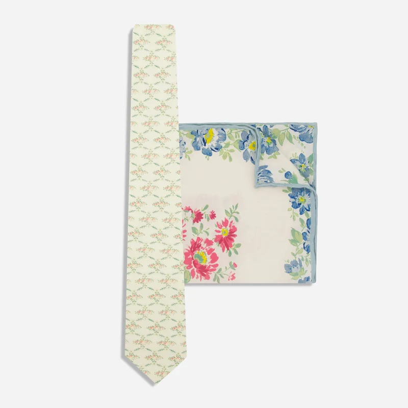 Laura Ashley x The Tie Bar Butter Yellow Floral Tie & Chedwell Stripe Ivory Pocket Square Set
