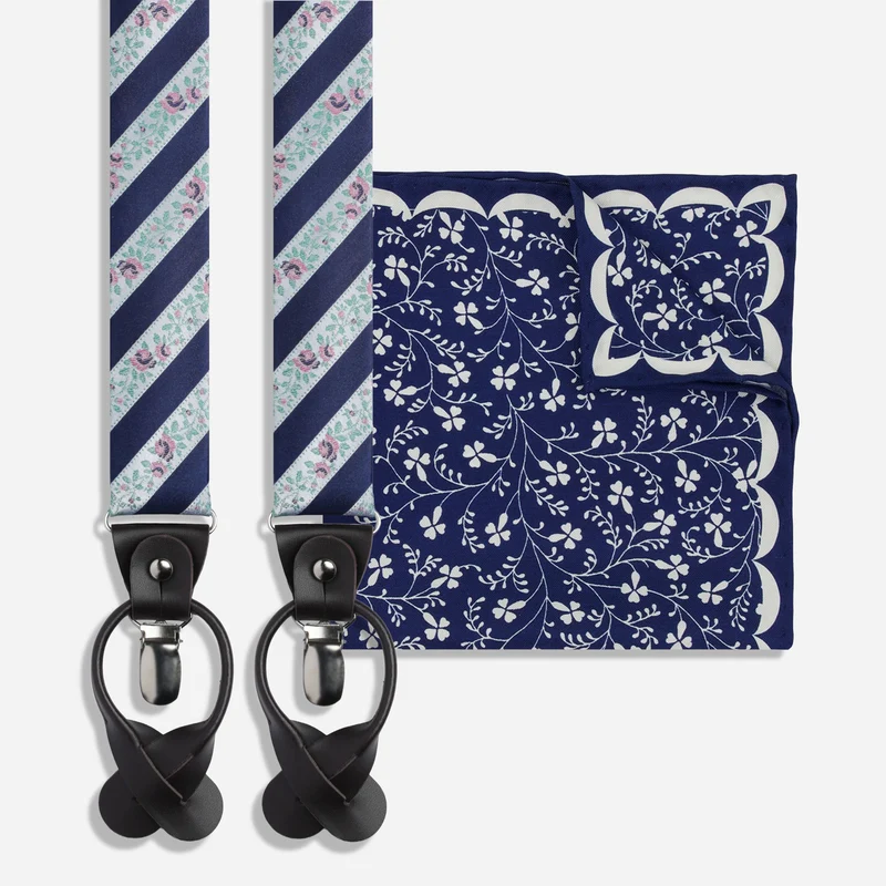 Laura Ashley x The Tie Bar Navy Floral Pocket Square & Floral Navy Suspender Set