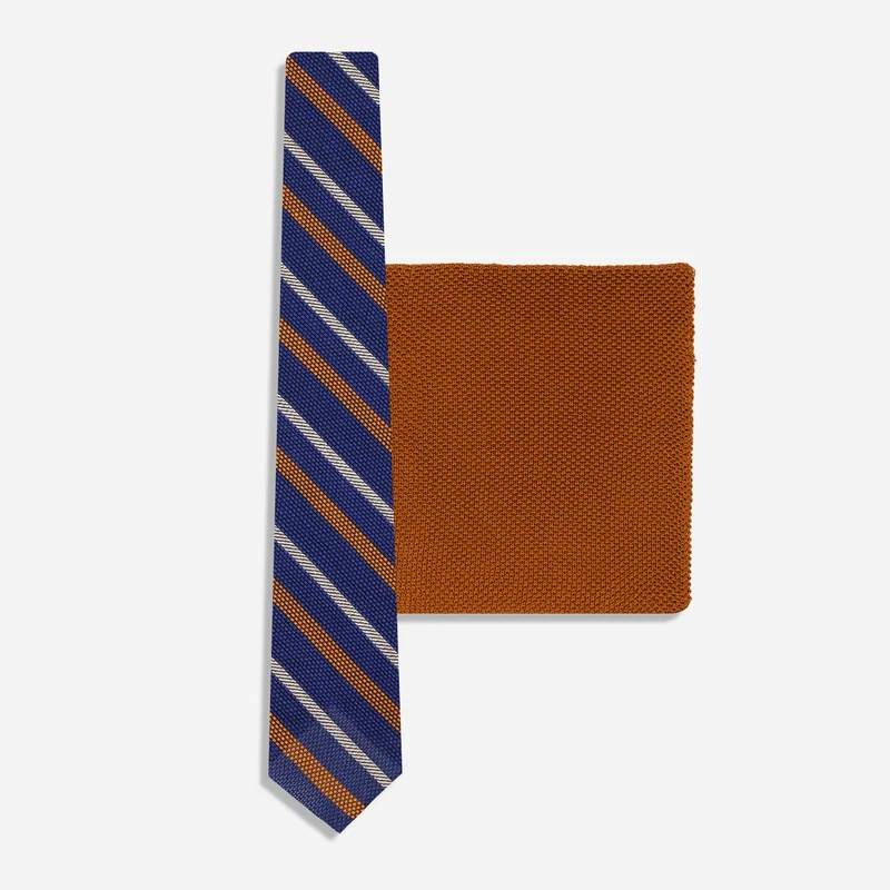 Solid Knit Copper Pocket Square & Ivy Stripe Grenadine Navy Tie Set