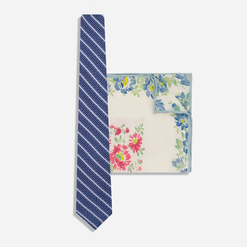 Laura Ashley Chedwell Stripe Ivory Pocket Square & Stripe Grenadine Sky Blue Tie Set