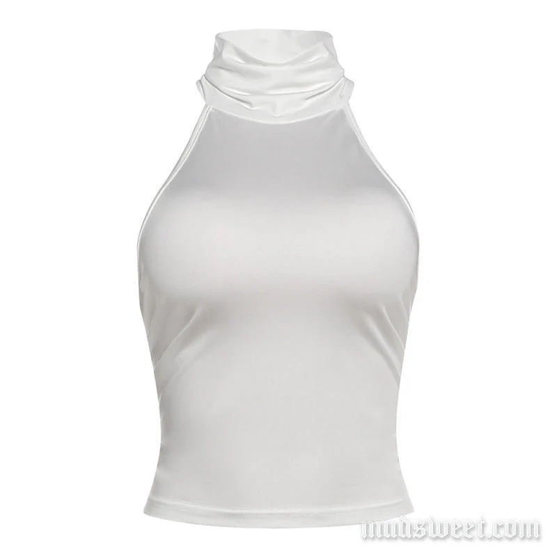 Mouwloze top met hoge hals en geplooide kanten zoom, effen kleur.