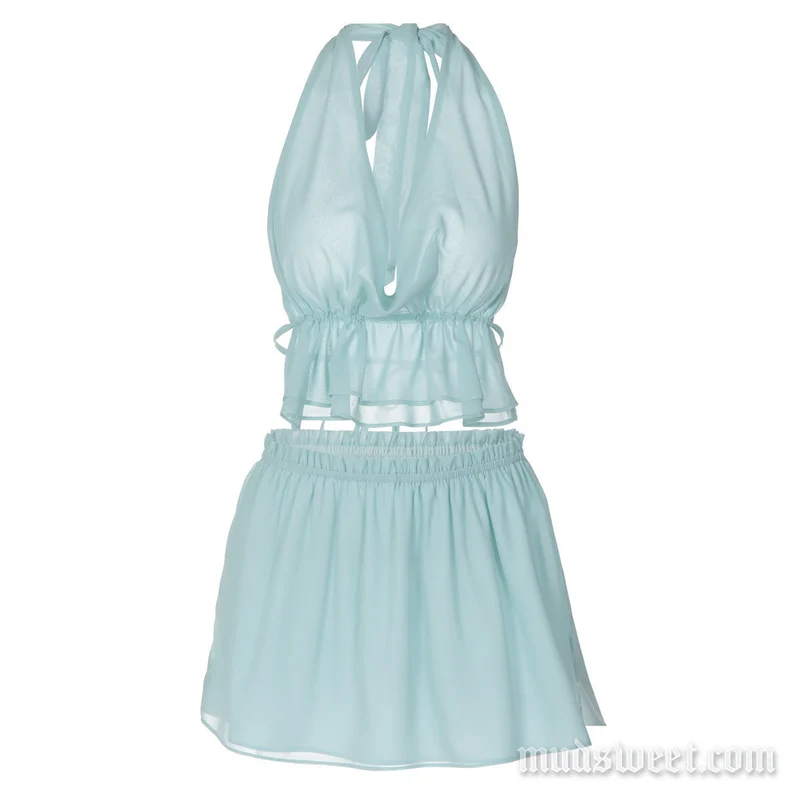 Goth halter self tie ruched mini skirt set