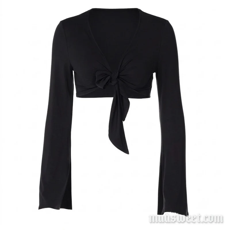 Grunge crop top met lange mouwen en strikceintuur in V-hals