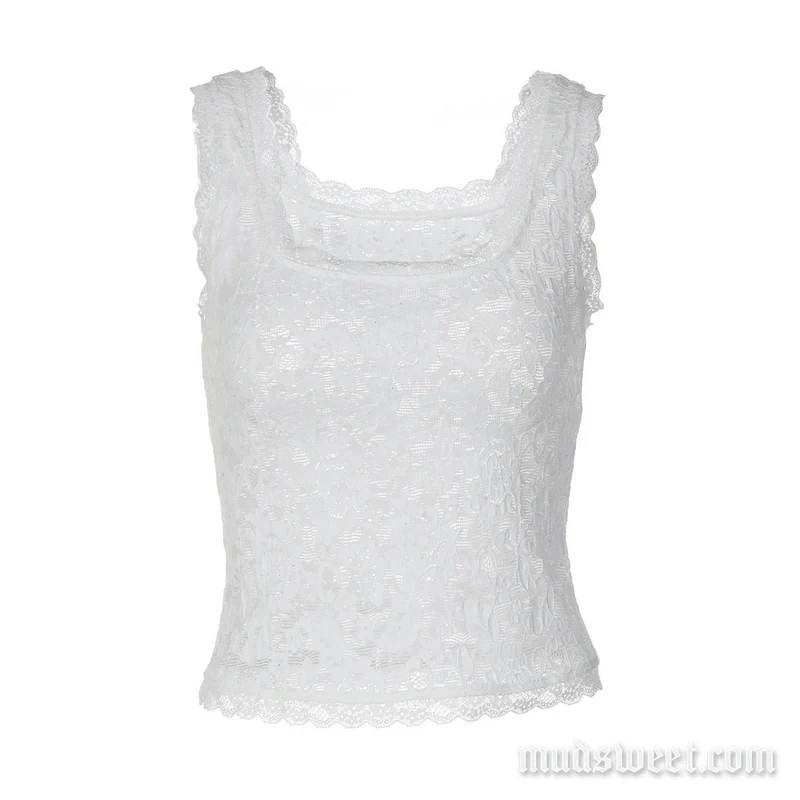 Fairycore kanten doorschijnende tanktop met U-hals