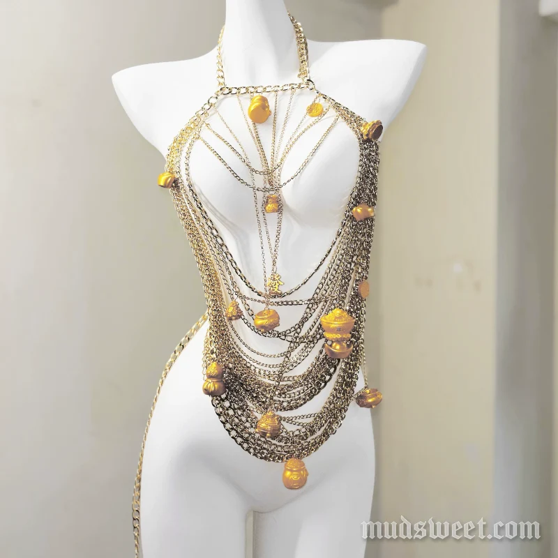 Haltertop met V-hals en metalen ketting, open rug.